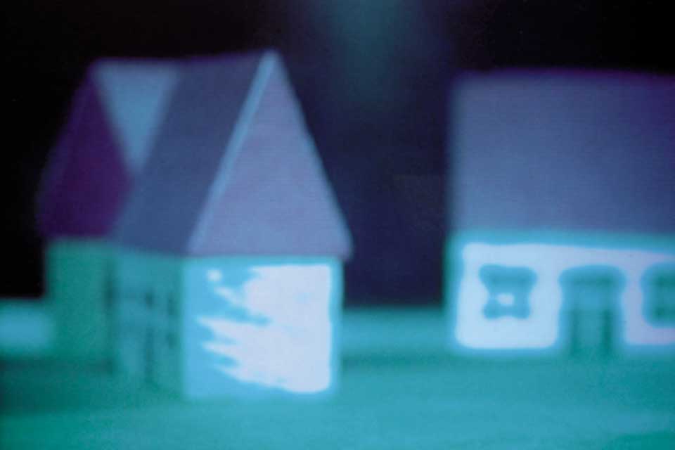 video projection, blue houses