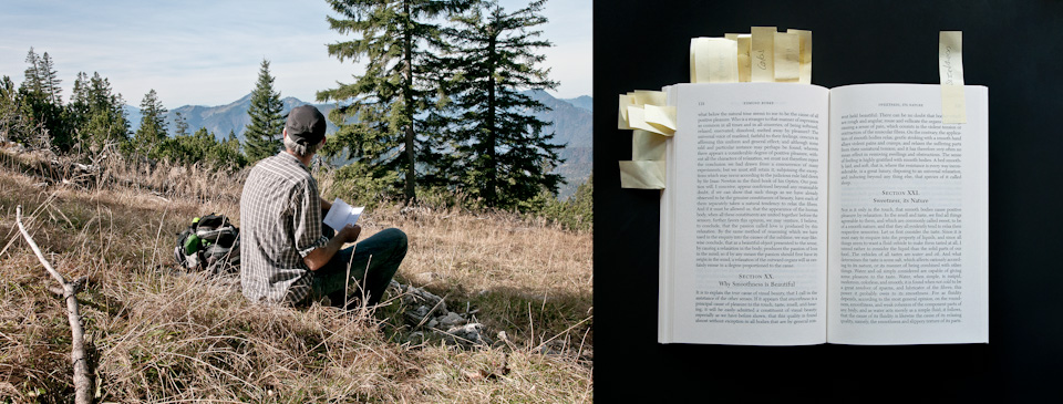 photomontage: man sitting in the landscape and open book